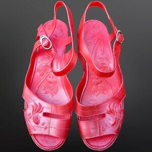 Vintage 80s 90s Jelly Sandals Size 8.5 Low Wedge Heels Koi Fish Pattern Coral